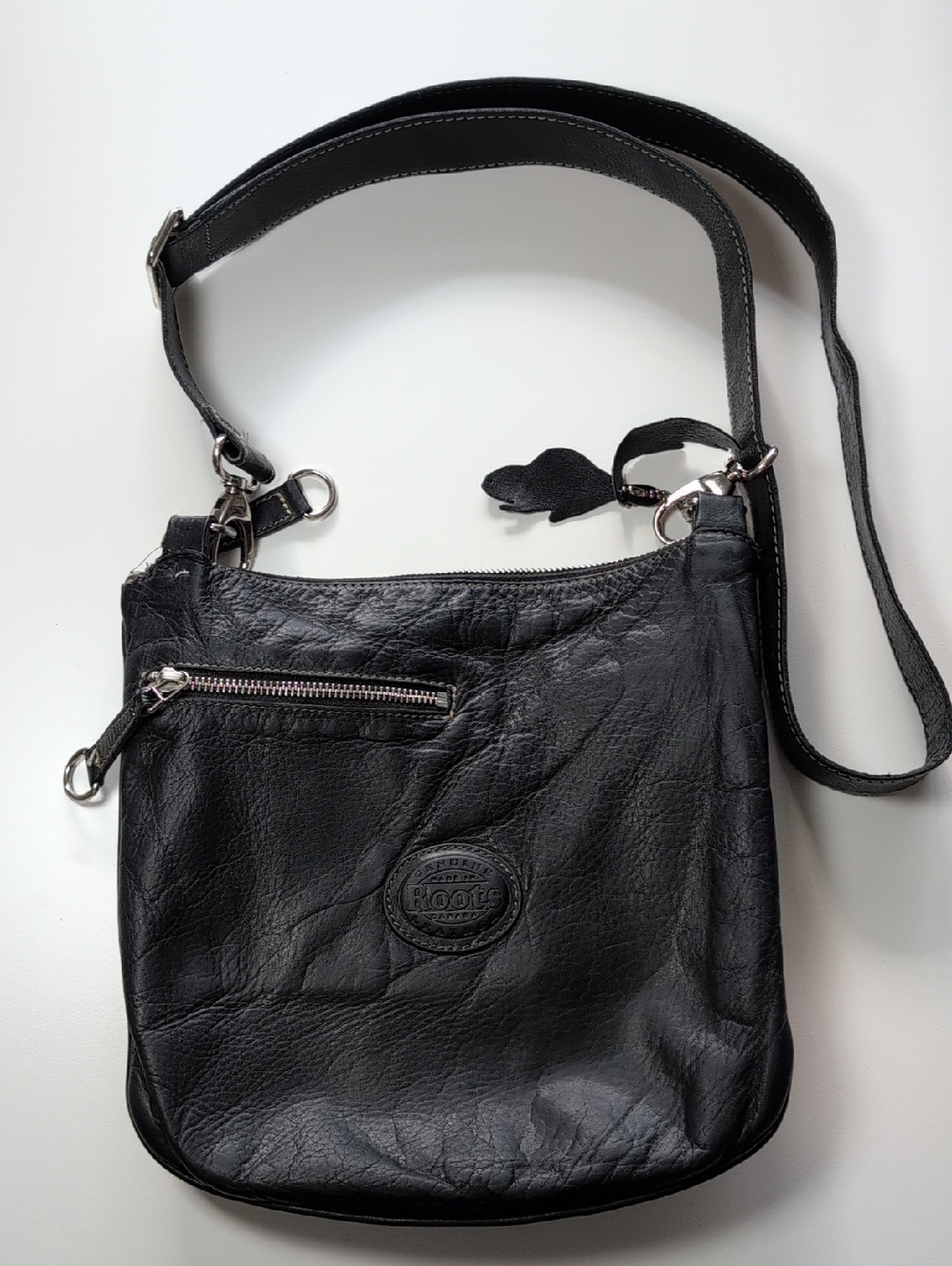 Roots Black Leather Crossbody Purse